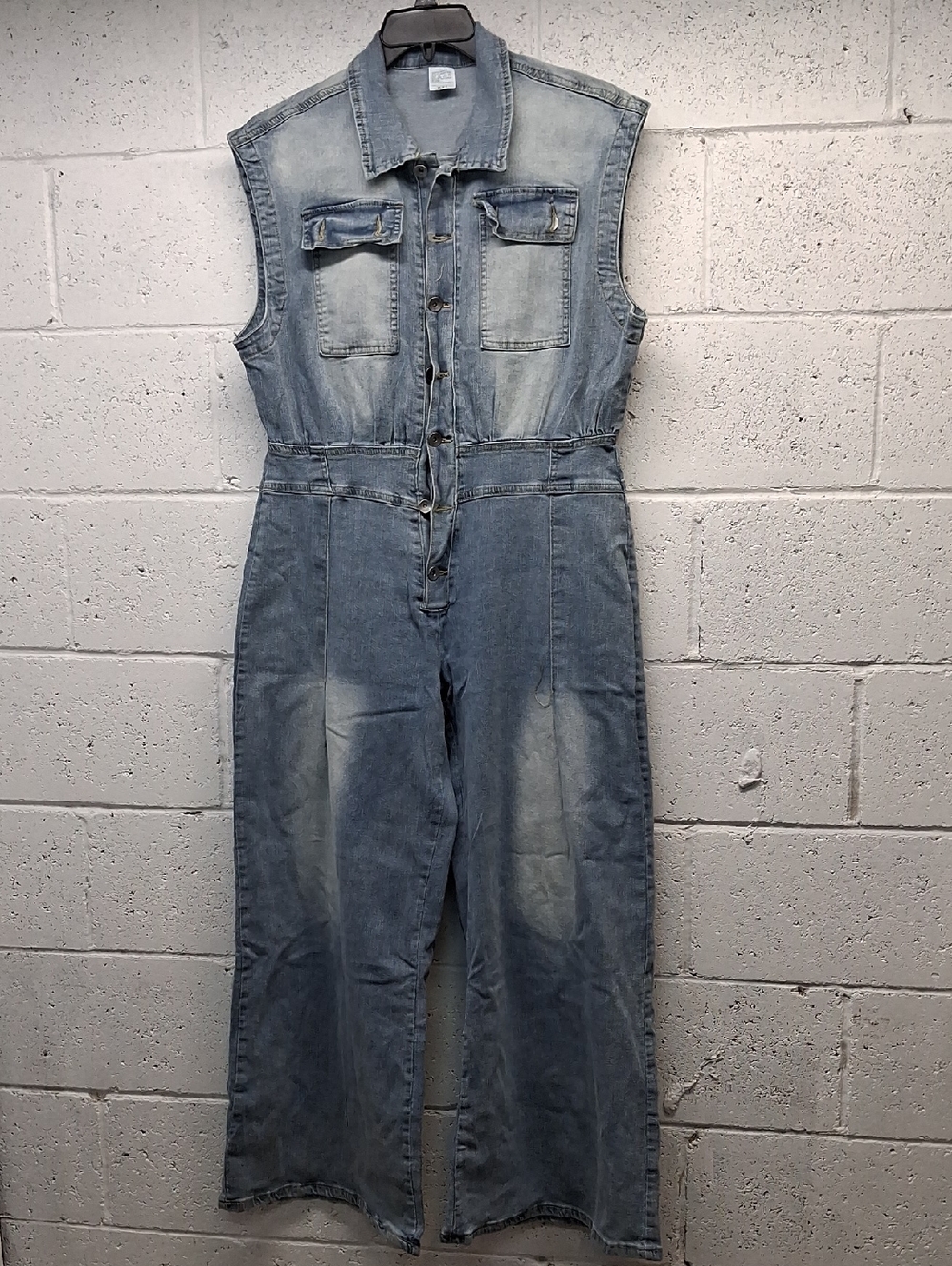 Sleeveless Light Wash Denim Jumpsuit - Casual Boot Flare